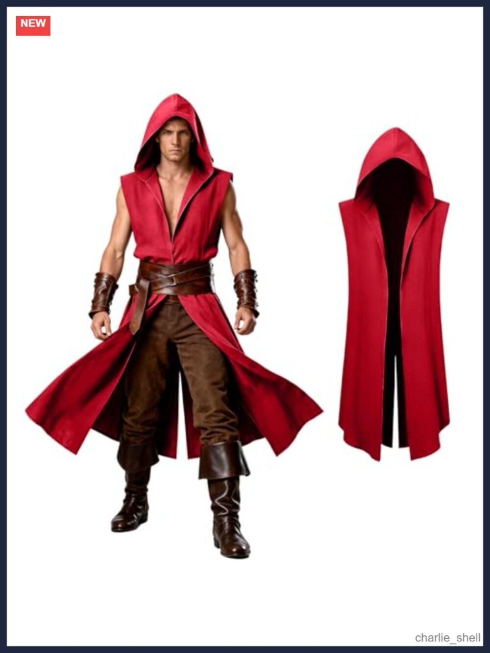 Men's Medieval Hooded Sleeveless Surcoat Renaissance Tabard Viking Costume
